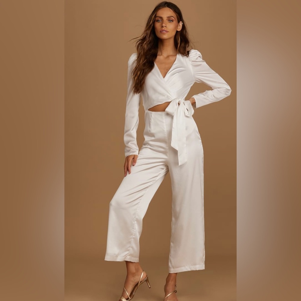 Satin Long Sleeve Cutout Jumpsuit